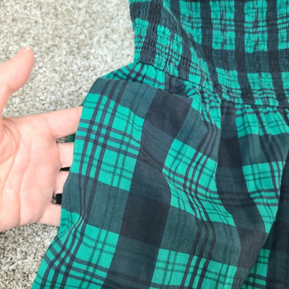 Ivy City Co Plaid Smocked Jumpsuit S Green Blue Puff Sleeve Square Ruffle Neck - Picture 10 of 11